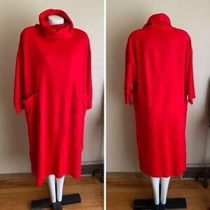 Vintage Clovis Ruffin L Red Sweater Dress Turtle Neck Pockets Short Half Sleeve